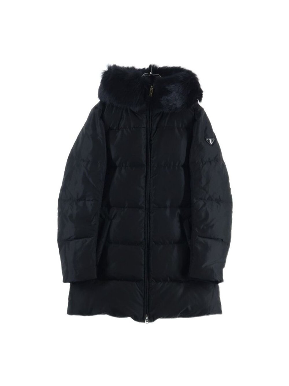 Prada Triangle Logo Plate Sheep Fur Nylon Long Down Coat Black
